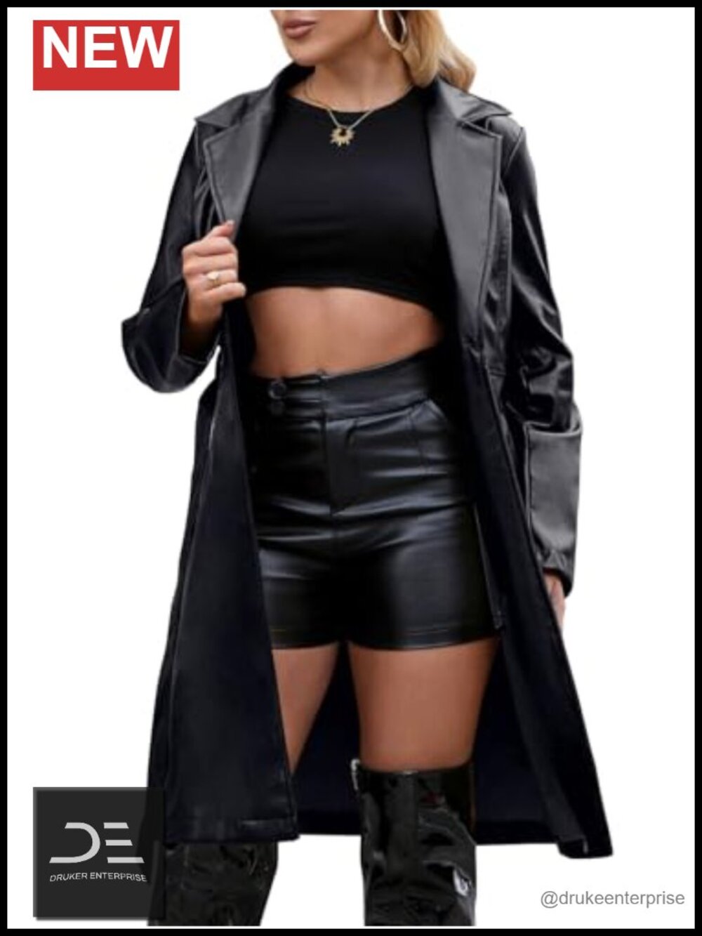 Faux Leather Jacket Women Long Trench Coat Belted Open Front Motorcycle Coat